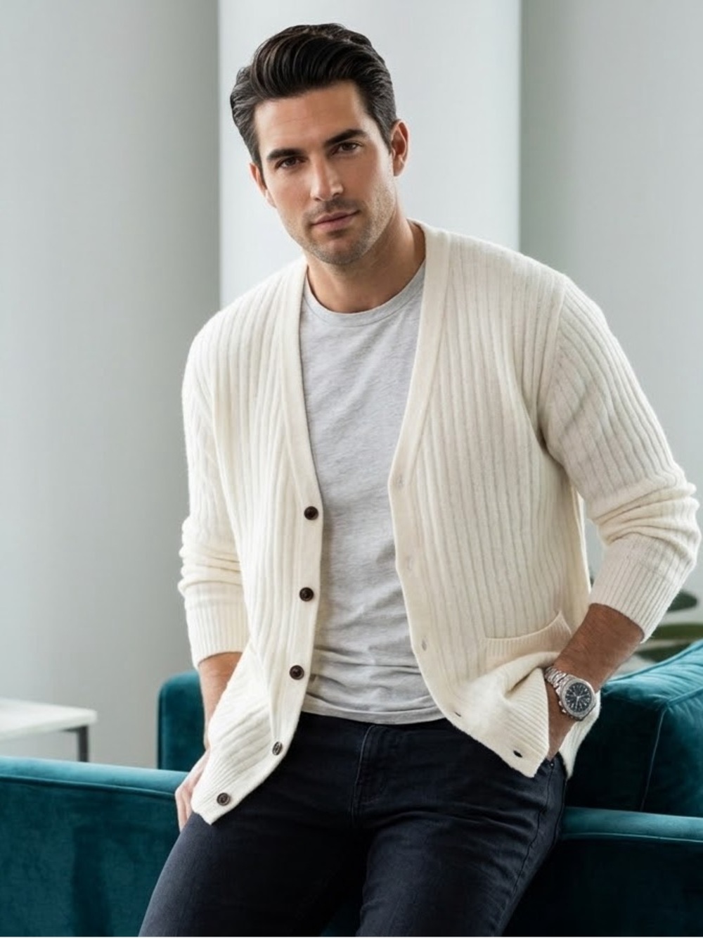 PAIGE Mens Merino Wool Yak Blend Ribbed Knit V-Neck Cardigan Sweater Ivory L